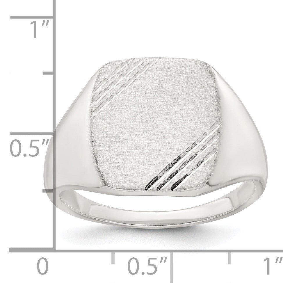 Sterling Silver Polished Brushed and Grooved 15.3mm x 13.2mm Rectangle Closed Back Size 9 Mens Signet Ring