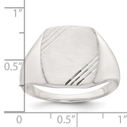 Sterling Silver Polished Brushed and Grooved 15.3mm x 13.2mm Rectangle Closed Back Size 9 Mens Signet Ring