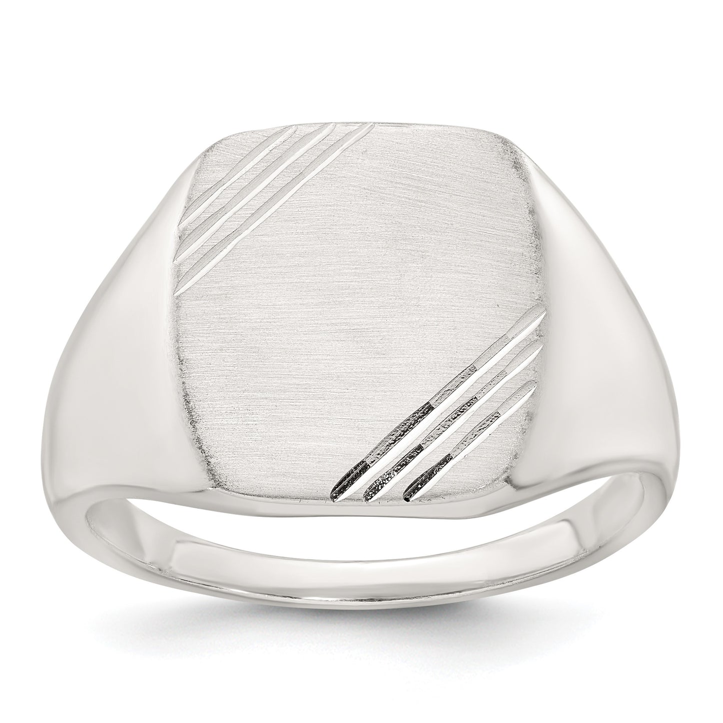 Sterling Silver Polished Brushed and Grooved 15.3mm x 13.2mm Rectangle Closed Back Size 9 Mens Signet Ring