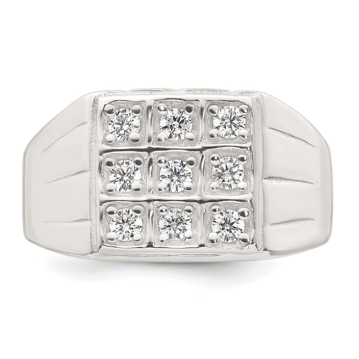 Sterling Silver Polished and Grooved White CZ Square Size 9 Mens Ring