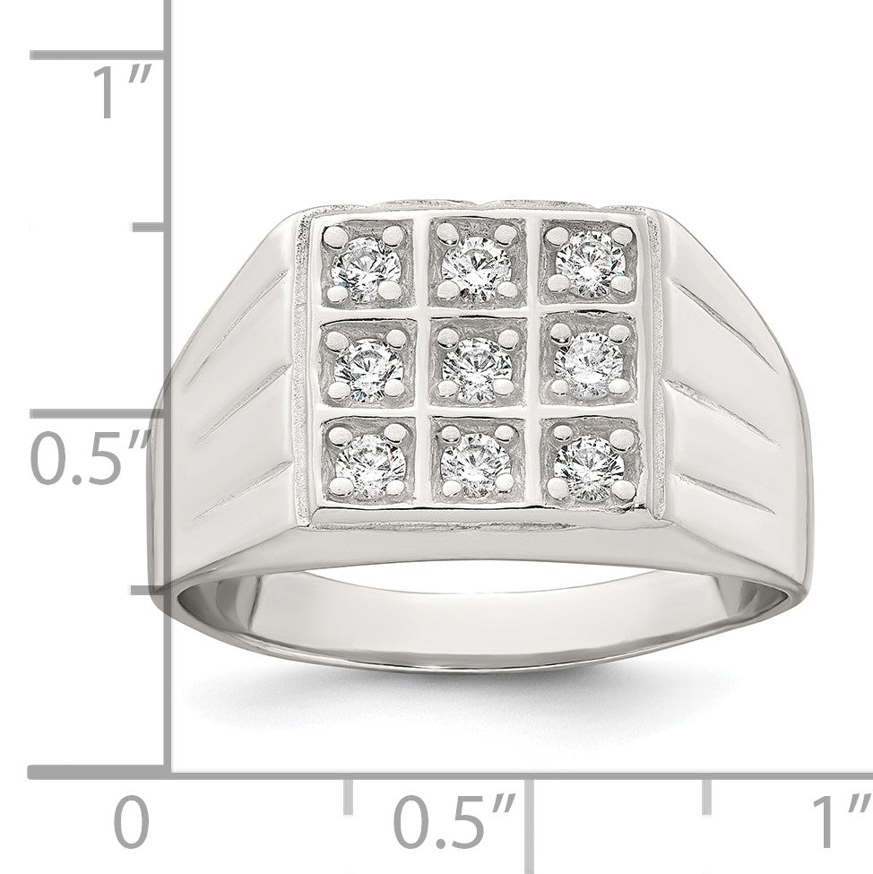 Sterling Silver Polished and Grooved White CZ Square Size 10 Mens Ring