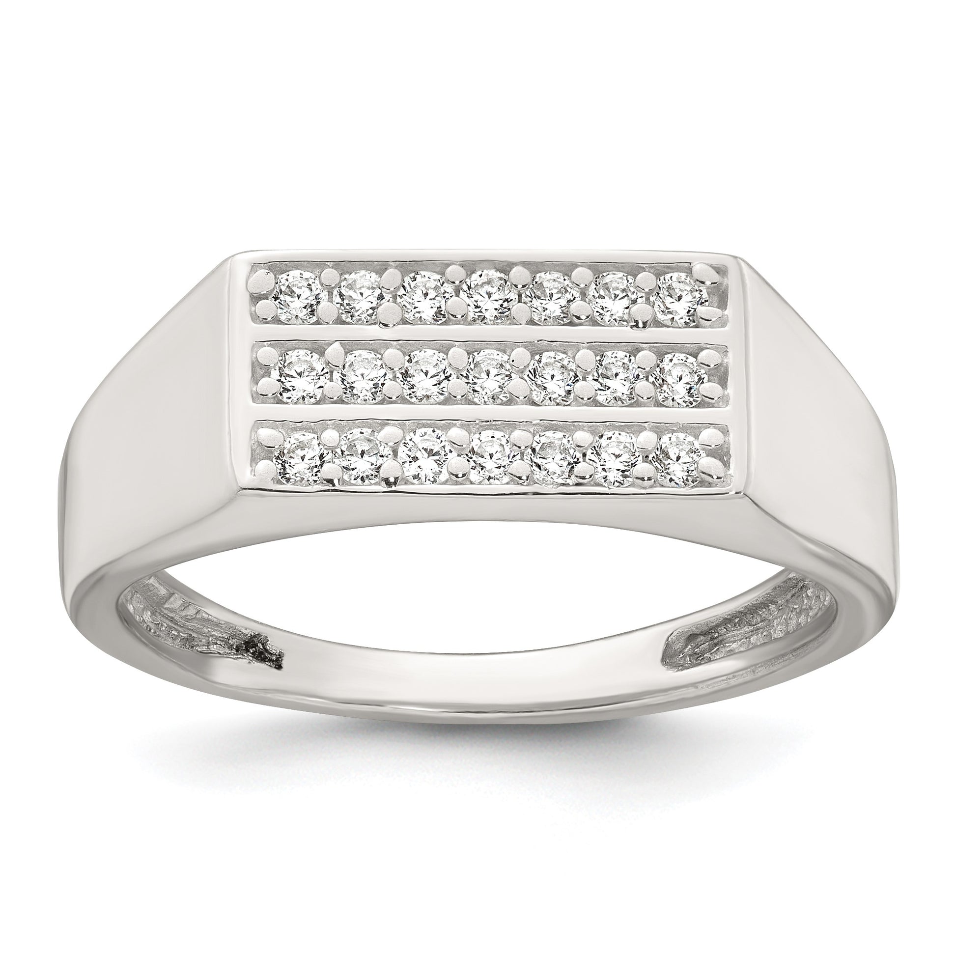 Sterling Silver Polished White CZ Rectangular Size 9 Mens Ring