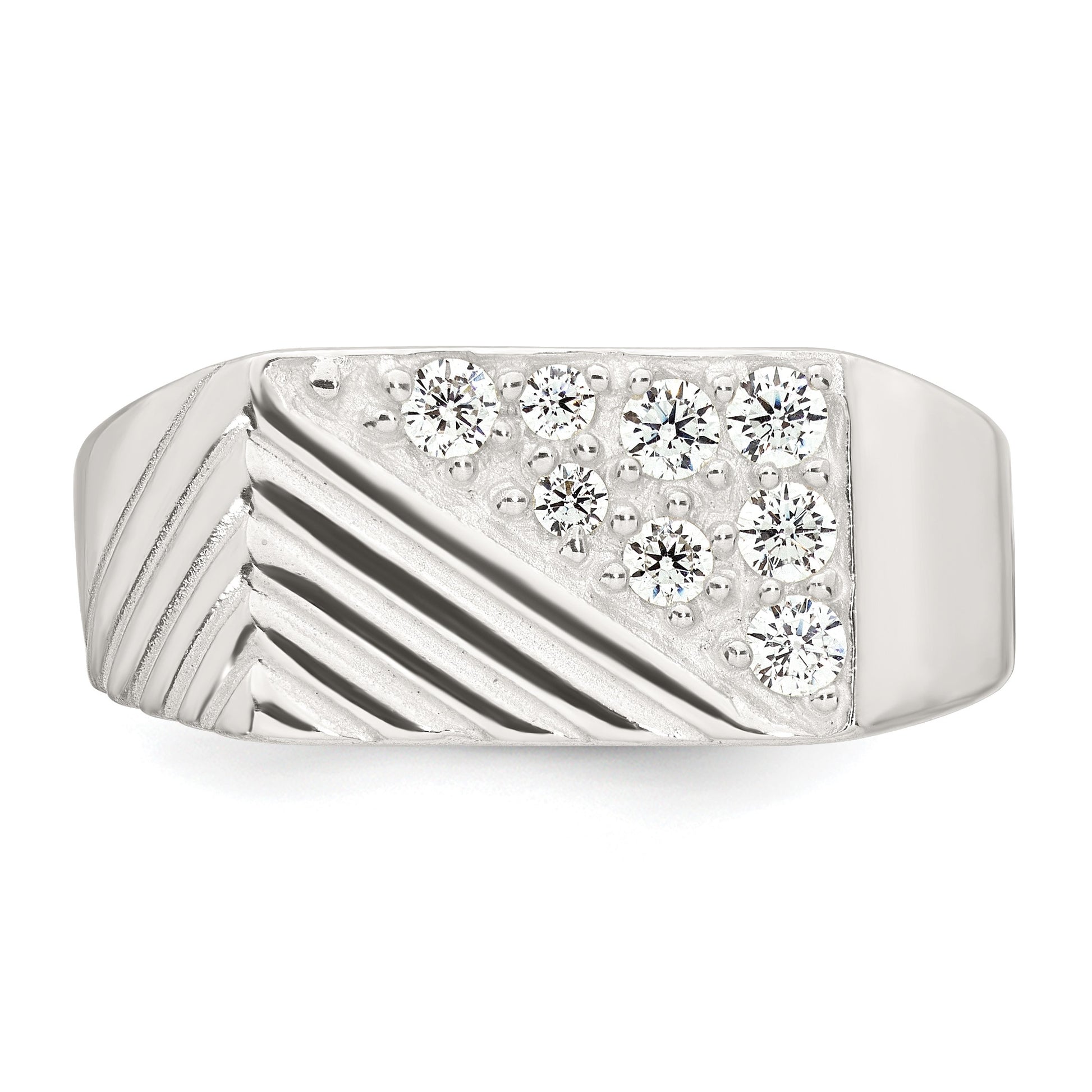 Sterling Silver Polished and Grooved White CZ Size 9 Mens Ring