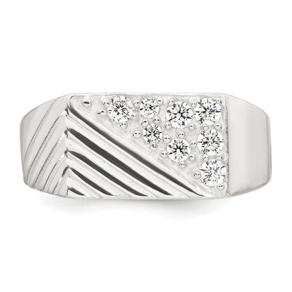 Sterling Silver Polished and Grooved White CZ Size 9 Mens Ring