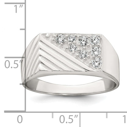 Sterling Silver Polished and Grooved White CZ Size 9 Mens Ring