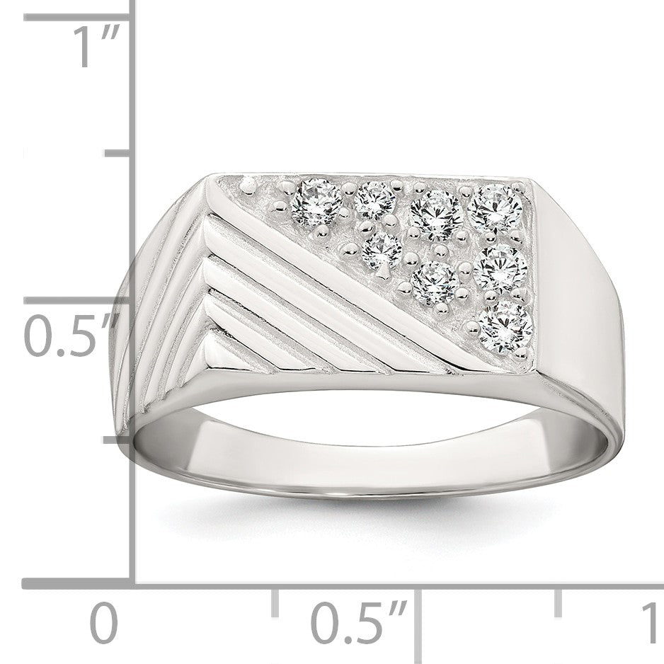 Sterling Silver Polished and Grooved White CZ Size 10 Mens Ring