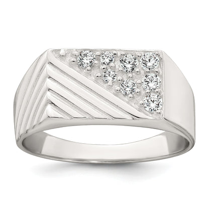 Sterling Silver Polished and Grooved White CZ Size 9 Mens Ring