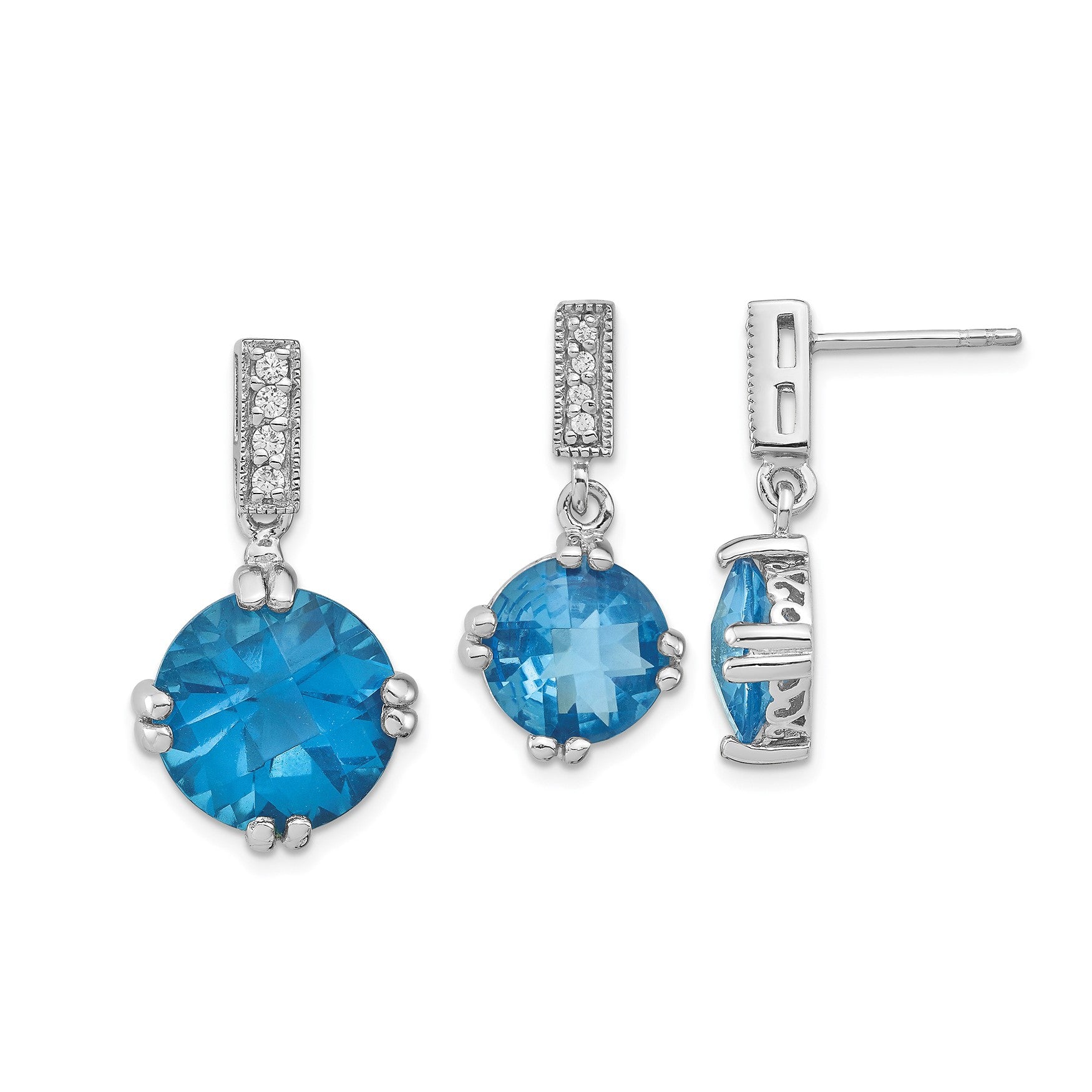 Sterling Silver Rhod-plated Blue and Clear CZ Pendant and Earring Set