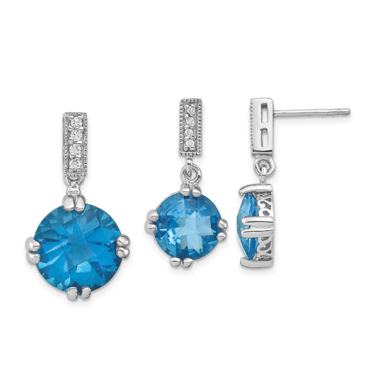 Sterling Silver Rhod-plated Blue and Clear CZ Pendant and Earring Set