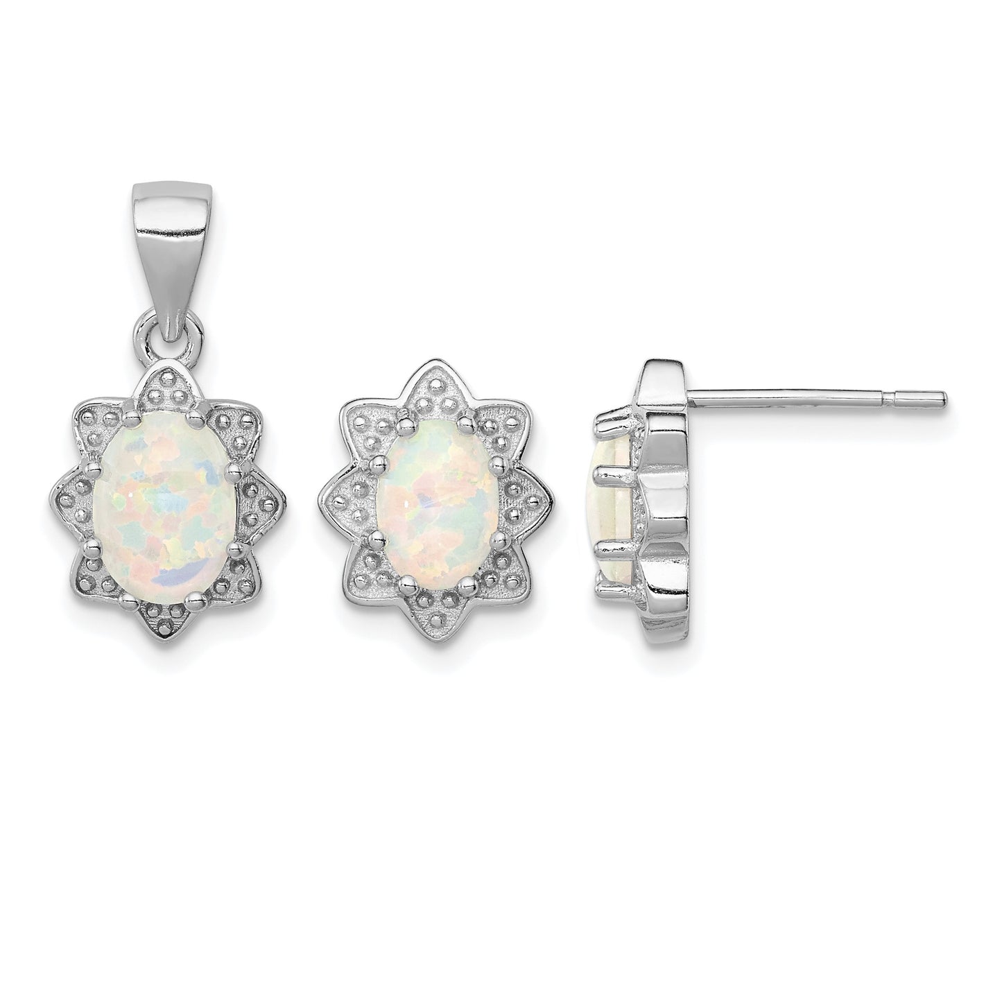 Sterling Silver Rhodium-plated Created Opal Pendant and Earring Set