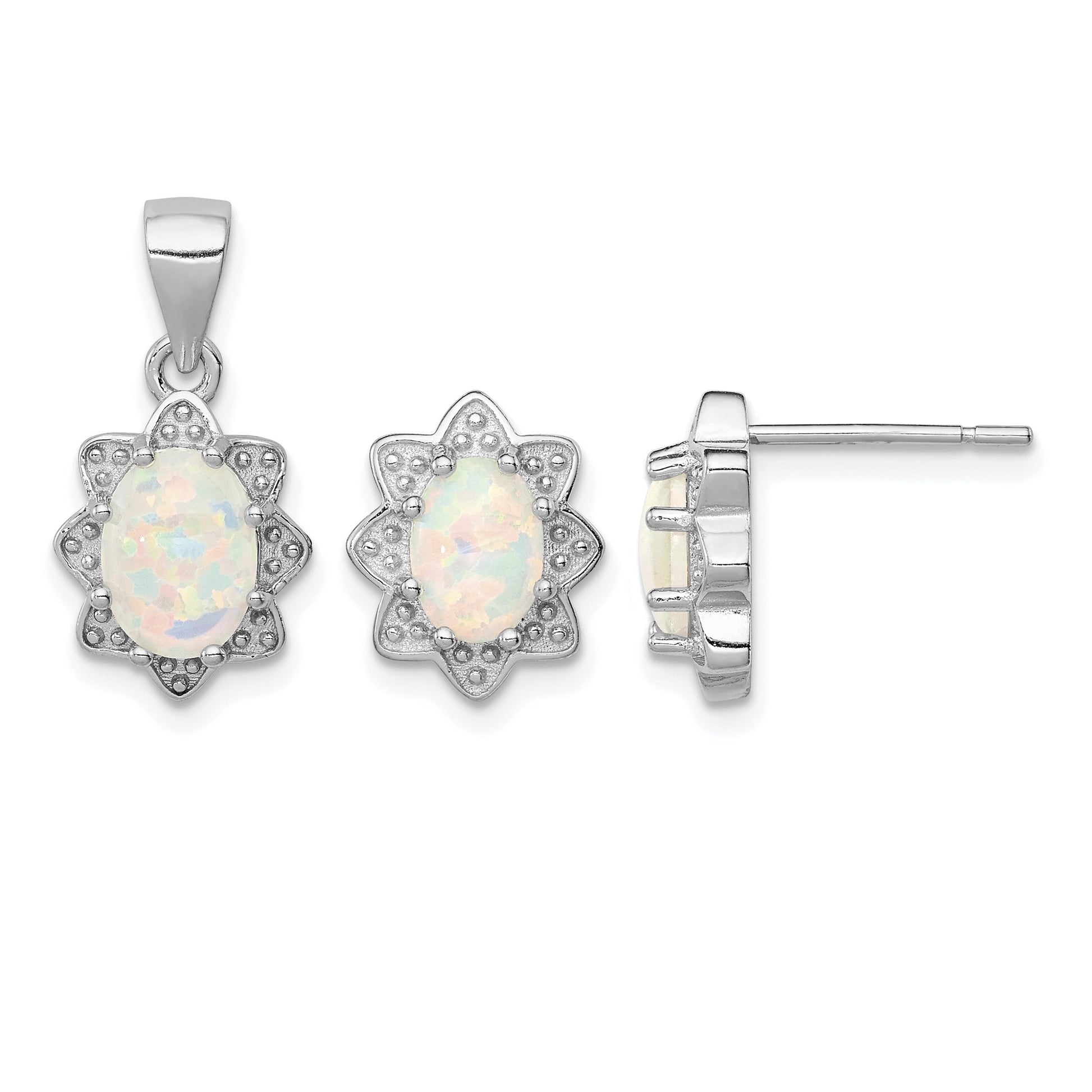 Sterling Silver Rhodium-plated Created Opal Pendant and Earring Set