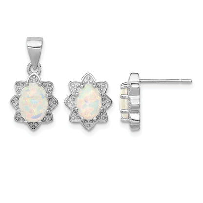 Sterling Silver Rhodium-plated Created Opal Pendant and Earring Set