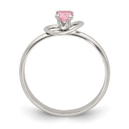 Sterling Silver Polished Pink CZ Heart Children's 15in Necklace, Size 3 Ring & Post Earrings Set