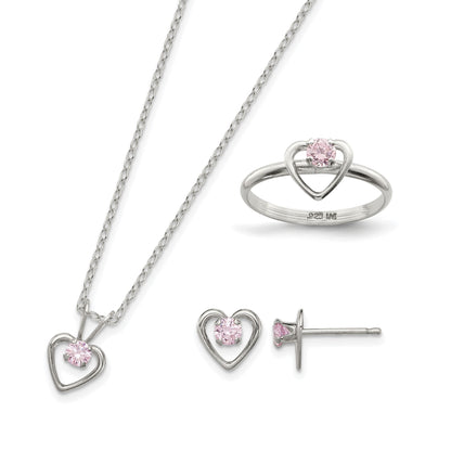 Sterling Silver Polished Pink CZ Heart Children's 15in Necklace, Size 3 Ring & Post Earrings Set