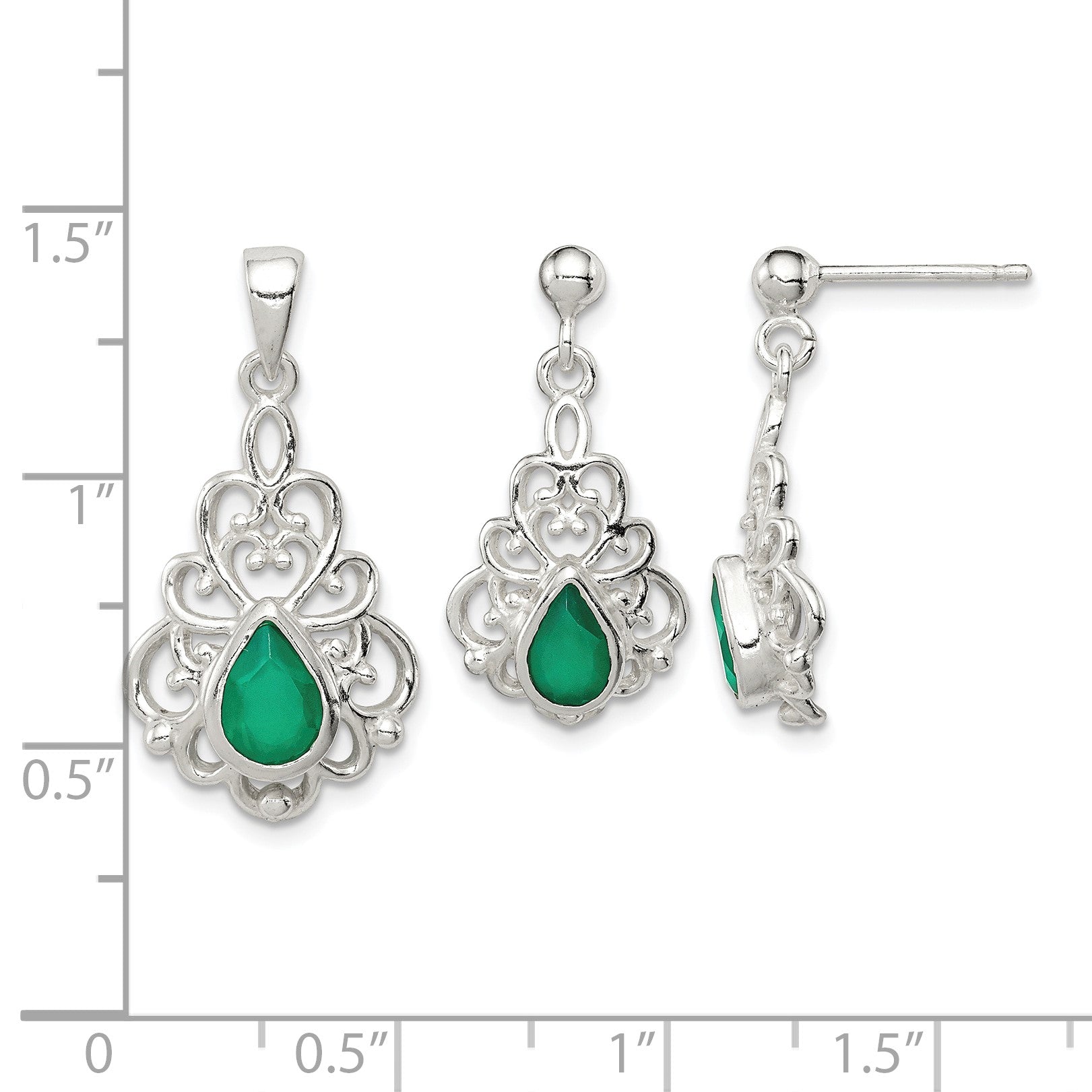 Sterling Silver Polished Green Agate Pendant and Post Earrings Set