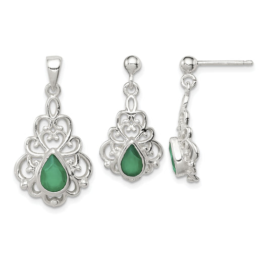 Sterling Silver Polished Green Agate Pendant and Post Earrings Set