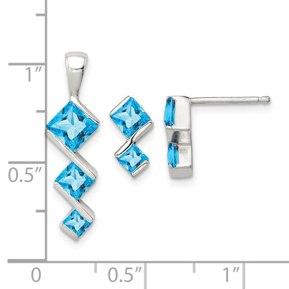 Sterling Silver Polished Blue Topaz Pendant and Post Earrings Set