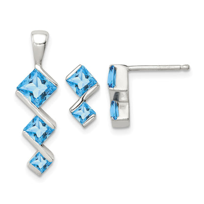 Sterling Silver Polished Blue Topaz Pendant and Post Earrings Set