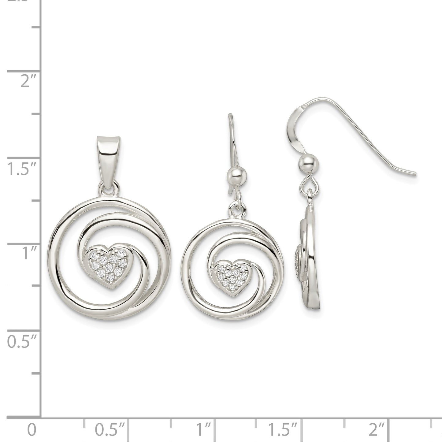 Sterling Silver CZ Heart in Circle Pendant and Earrings Set