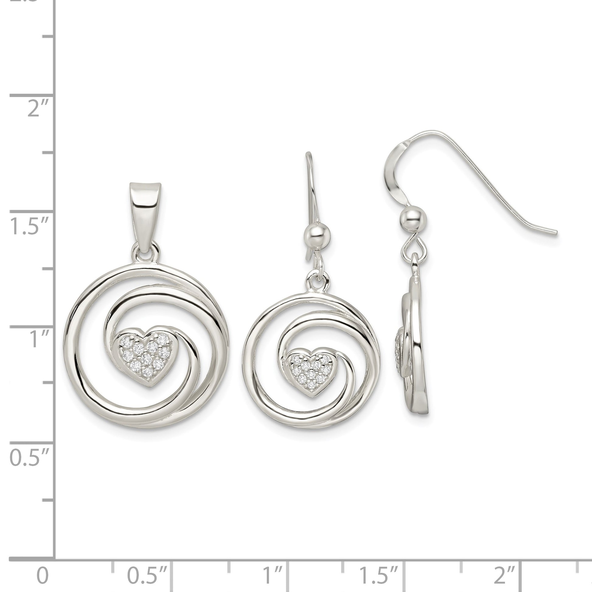 Sterling Silver CZ Heart in Circle Pendant and Earrings Set