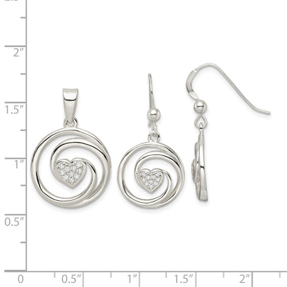 Sterling Silver CZ Heart in Circle Pendant and Earrings Set