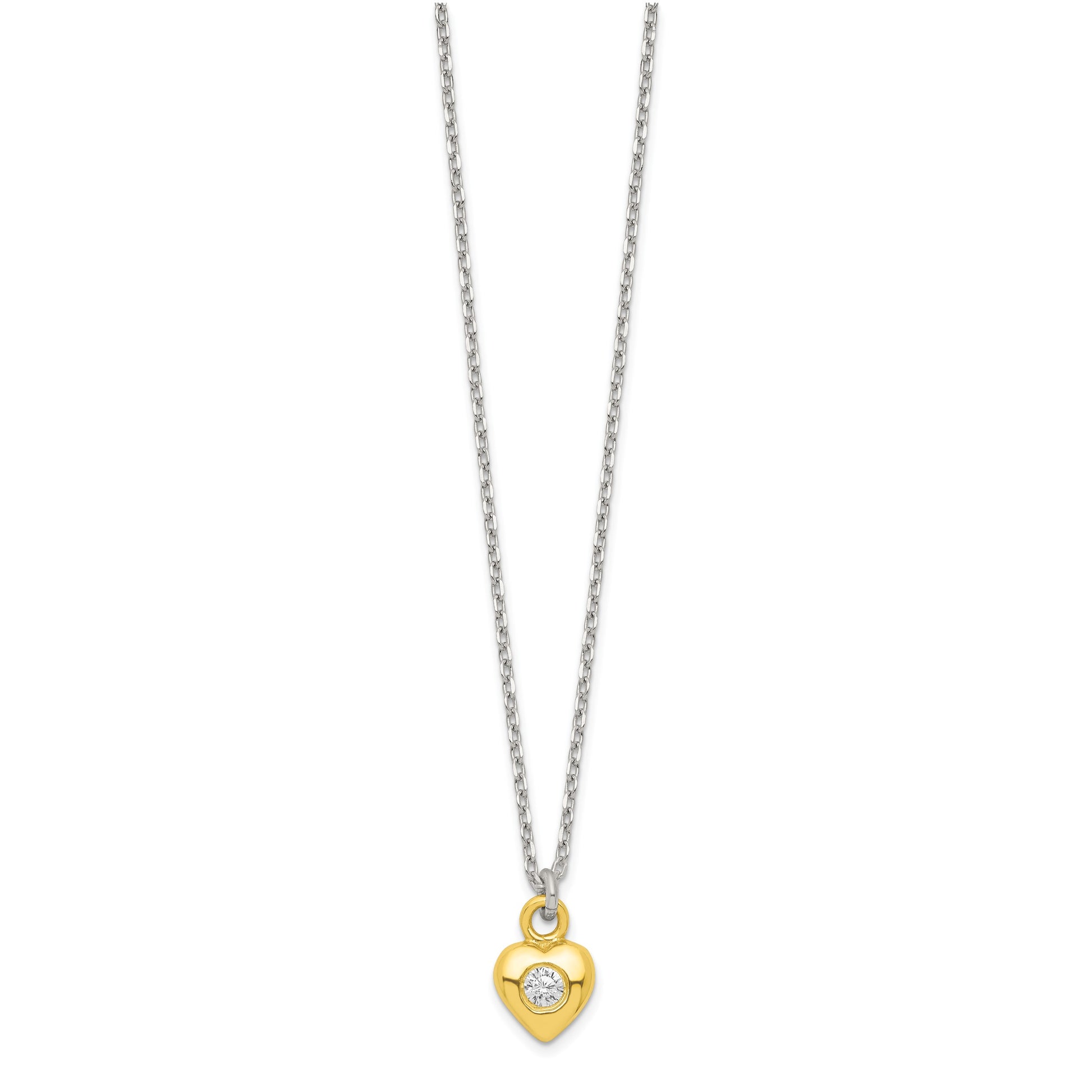 Sterling Silver & Gold-tone Polished CZ Heart Children's 14in Necklace and Post Earrings Set
