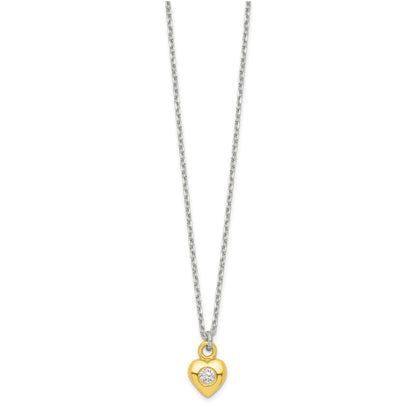 Sterling Silver & Gold-tone Polished CZ Heart Children's 14in Necklace and Post Earrings Set