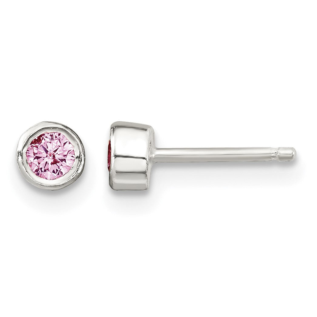 Sterling Silver Polished Pink Bezel Set CZ Children's 14in Necklace and Stud Earrings Set
