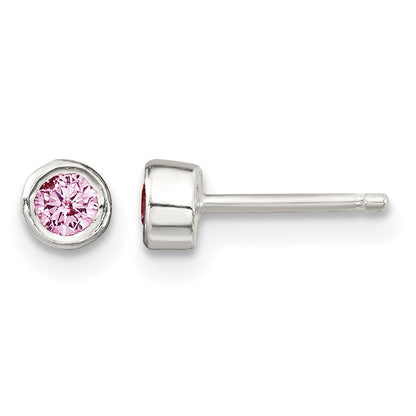 Sterling Silver Polished Pink Bezel Set CZ Children's 14in Necklace and Stud Earrings Set