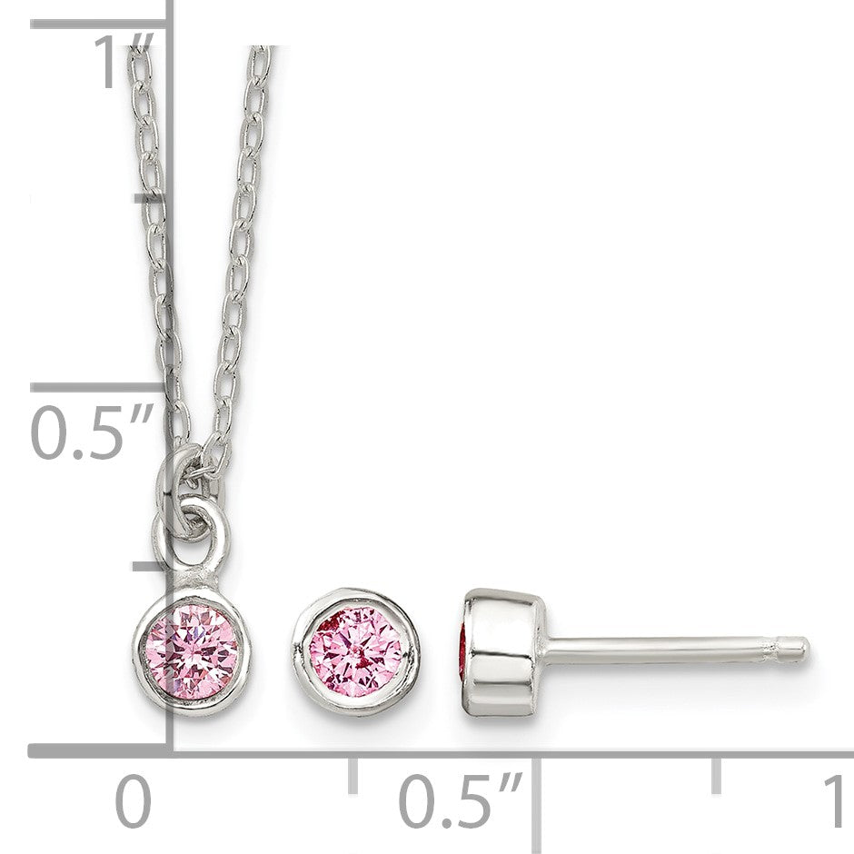 Sterling Silver Polished Pink Bezel Set CZ Children's 14in Necklace and Stud Earrings Set