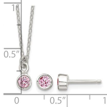 Sterling Silver Polished Pink Bezel Set CZ Children's 14in Necklace and Stud Earrings Set