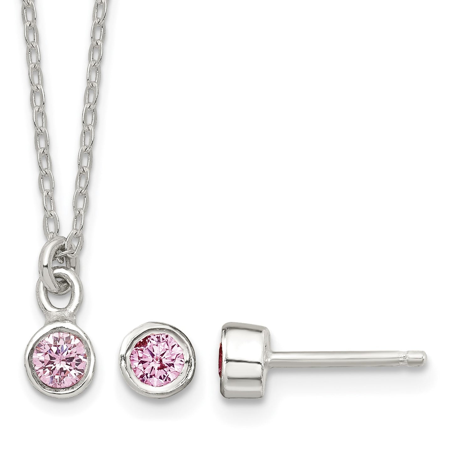 Sterling Silver Polished Pink Bezel Set CZ Children's 14in Necklace and Stud Earrings Set