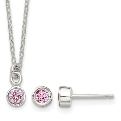 Sterling Silver Polished Pink Bezel Set CZ Children's 14in Necklace and Stud Earrings Set