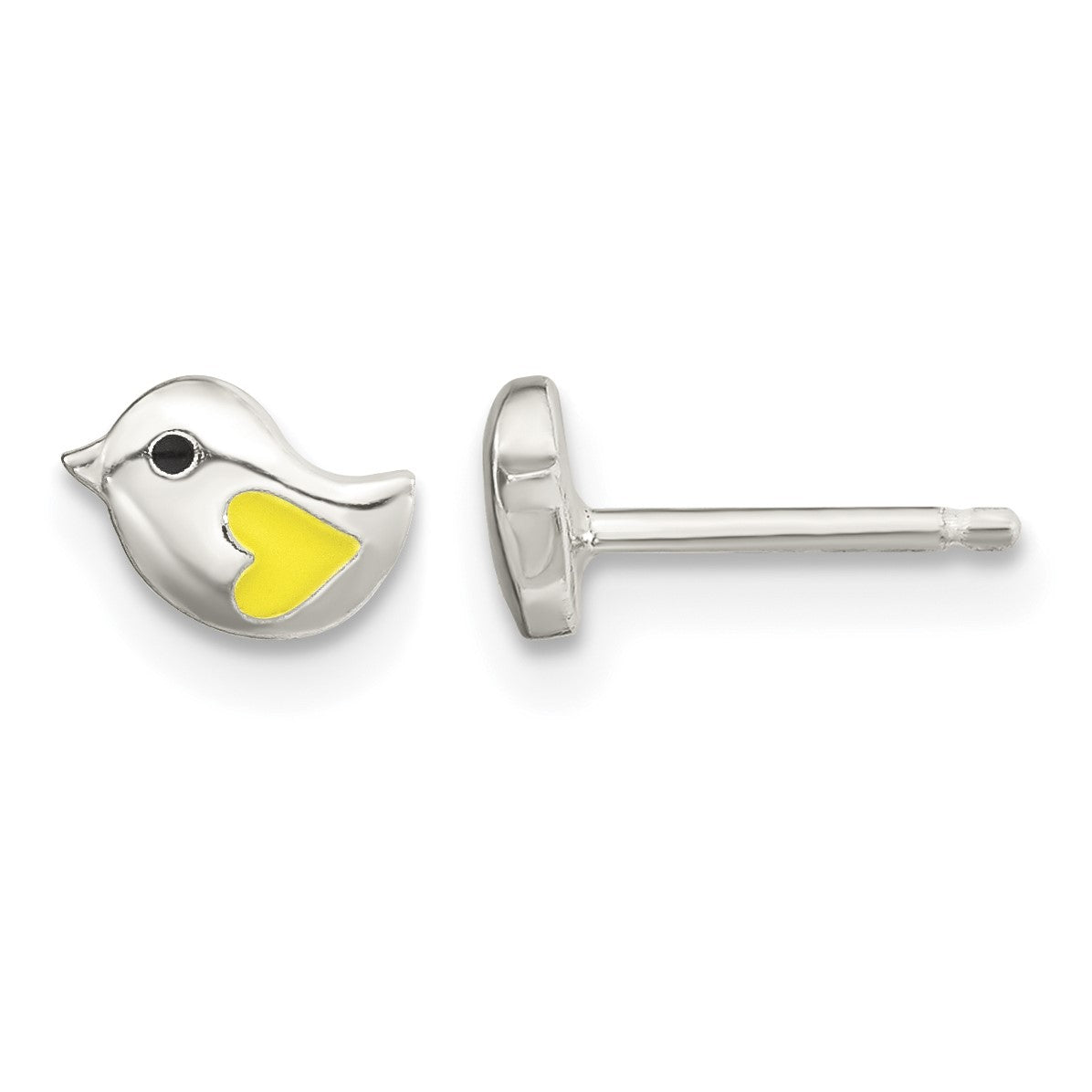 Sterling Silver Polished Yellow & Black Enameled Bird 14in Necklace and Post Earrings Set
