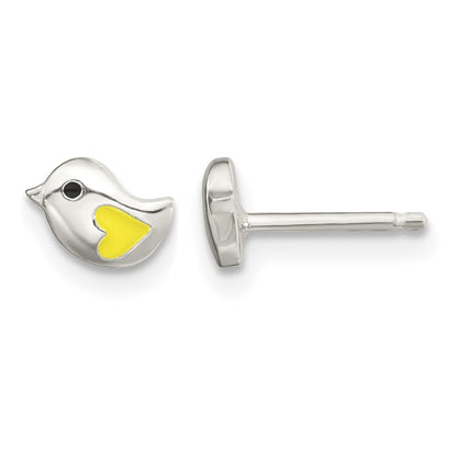 Sterling Silver Polished Yellow & Black Enameled Bird 14in Necklace and Post Earrings Set
