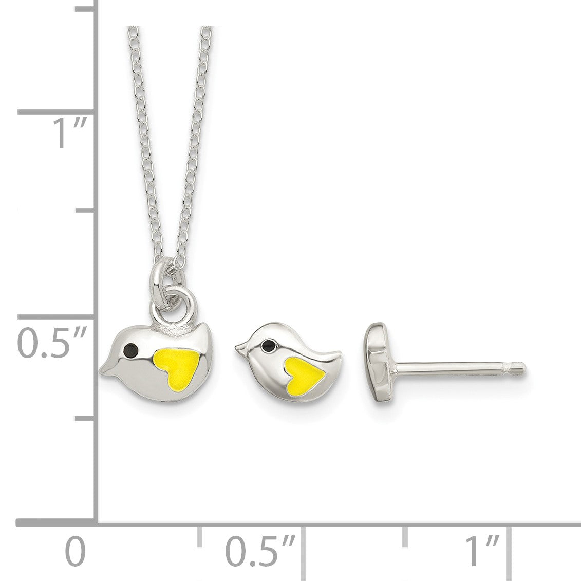 Sterling Silver Polished Yellow & Black Enameled Bird 14in Necklace and Post Earrings Set