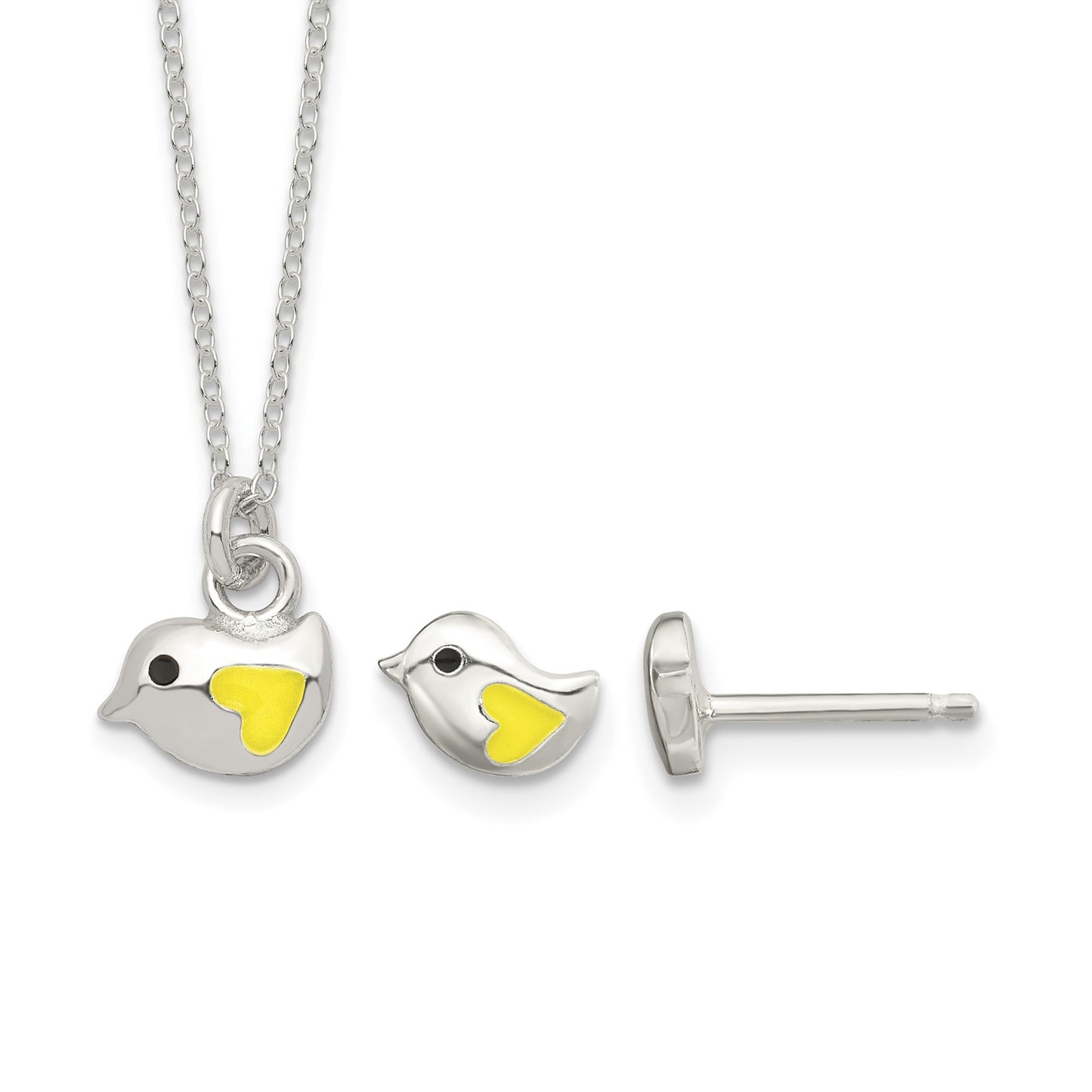 Sterling Silver Polished Yellow & Black Enameled Bird 14in Necklace and Post Earrings Set