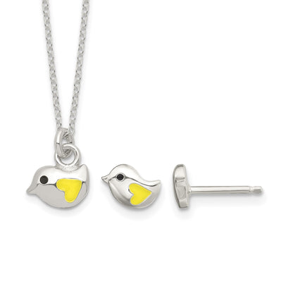 Sterling Silver Polished Yellow & Black Enameled Bird 14in Necklace and Post Earrings Set