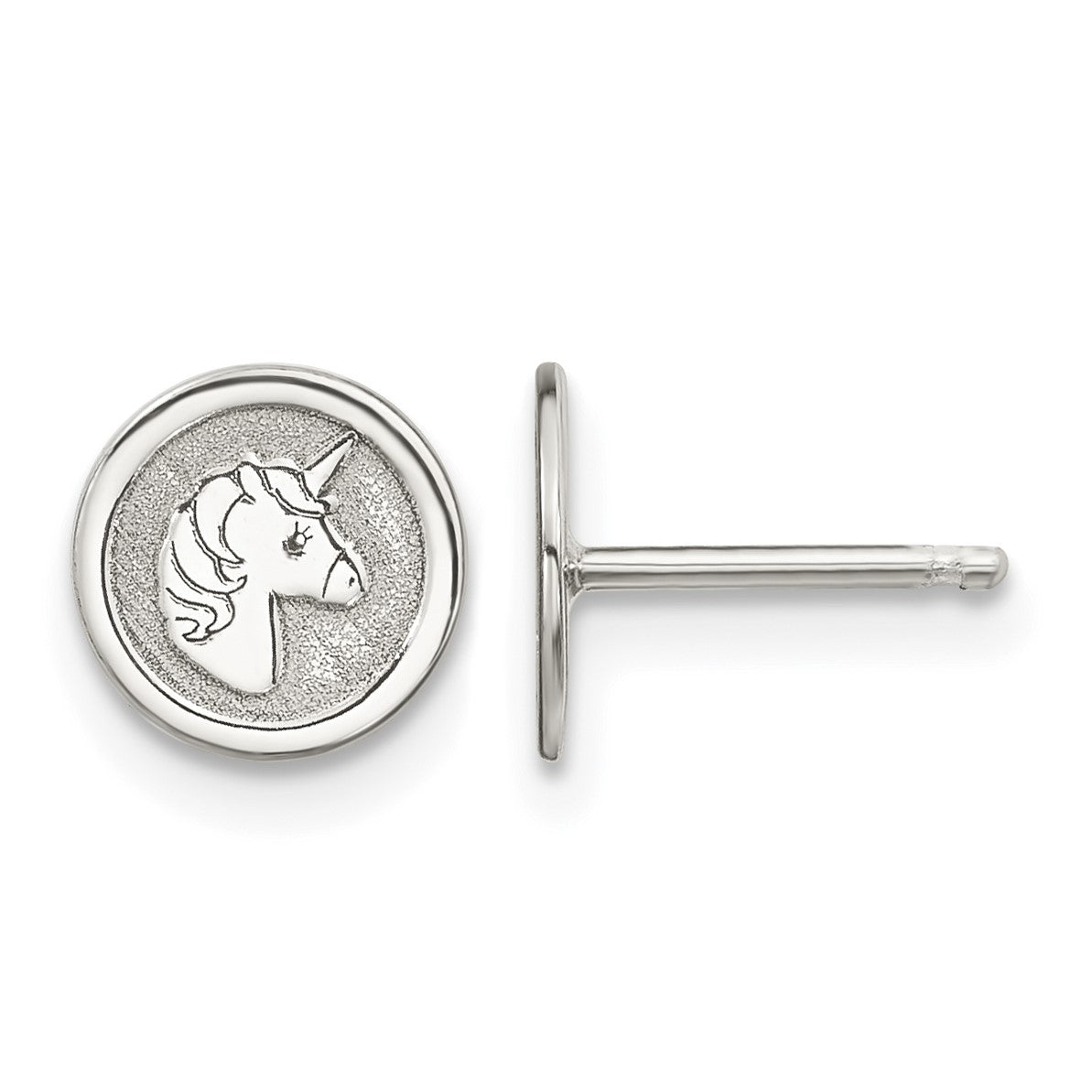 Sterling Silver Polished & Textured Unicorn Children's 14in Necklace and Post Earrings Set