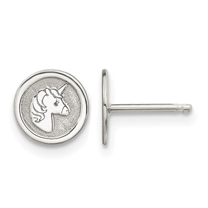 Sterling Silver Polished & Textured Unicorn Children's 14in Necklace and Post Earrings Set