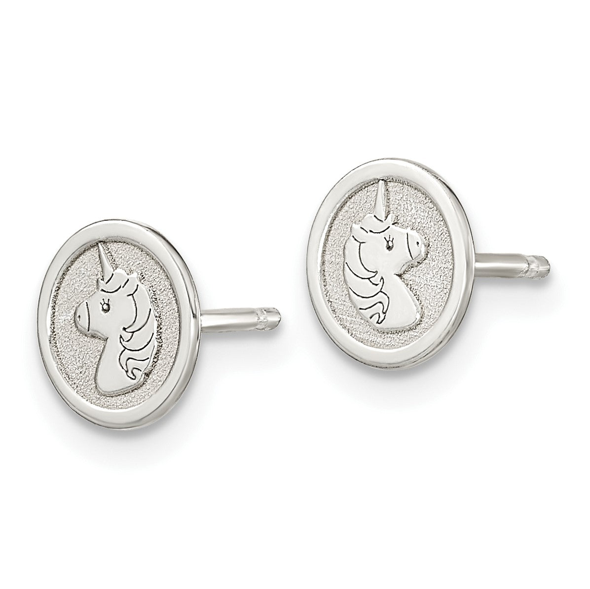 Sterling Silver Polished & Textured Unicorn Children's 14in Necklace and Post Earrings Set