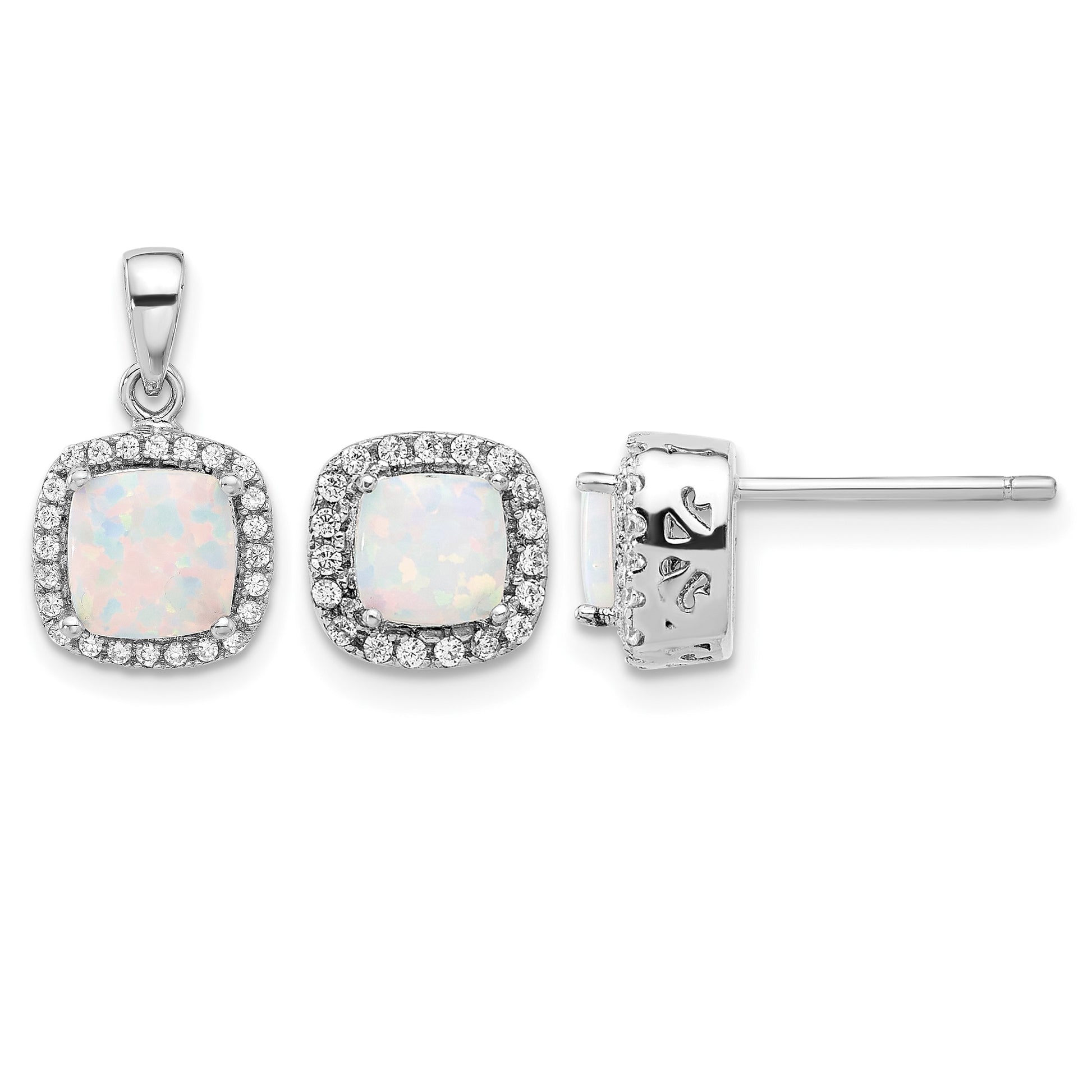 Sterling Silver Rh-plated CZ and Created Opal Halo Pendant and Earring Set