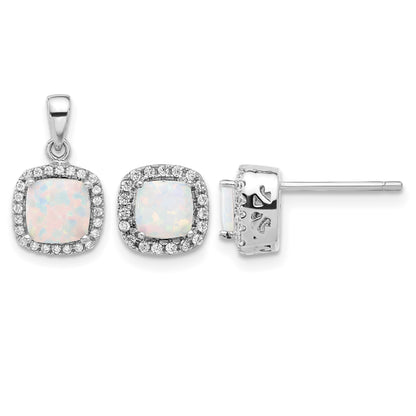 Sterling Silver Rh-plated CZ and Created Opal Halo Pendant and Earring Set