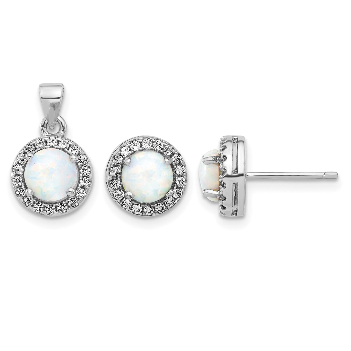 Sterling Silver Rh-plated CZ and Created Opal Halo Pendant and Earring Set