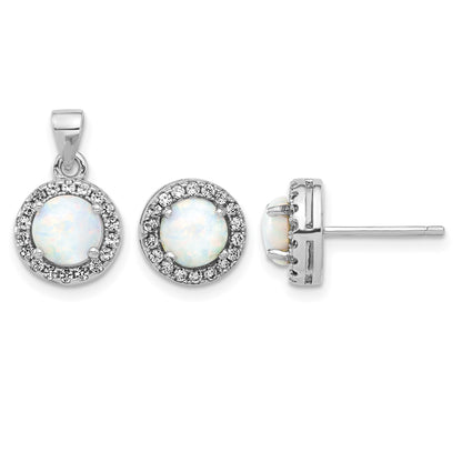 Sterling Silver Rh-plated CZ and Created Opal Halo Pendant and Earring Set