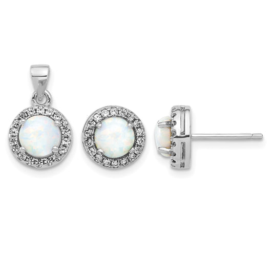 Sterling Silver Rh-plated CZ and Created Opal Halo Pendant and Earring Set