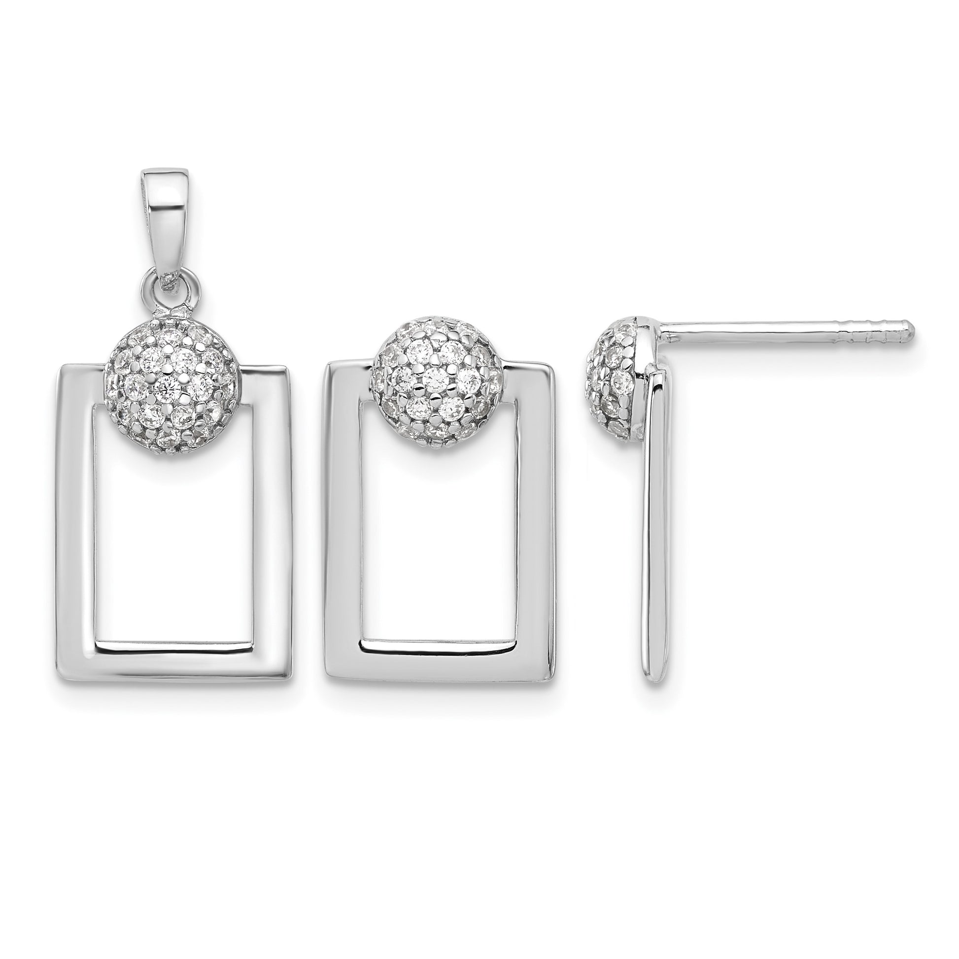 Sterling Silver RH-plated Micro Pave CZ Rectangle Earrings and Pendant Set
