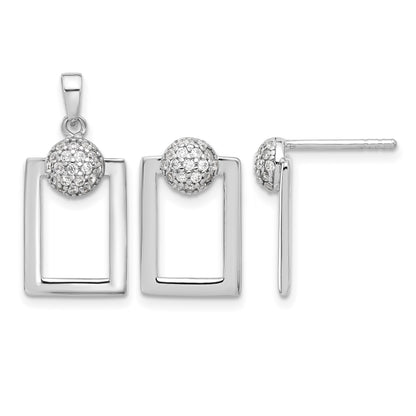 Sterling Silver RH-plated Micro Pave CZ Rectangle Earrings and Pendant Set