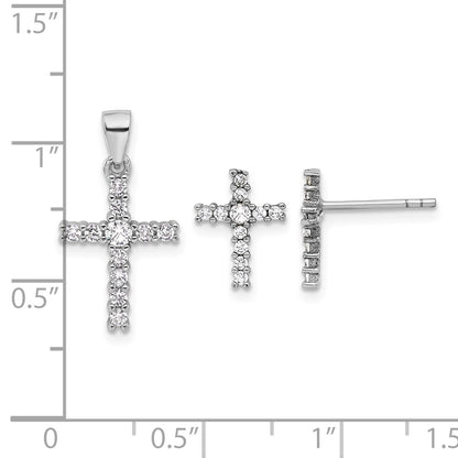 Sterling Silver Rhodium-plated CZ Cross Post Earrings and Pendant Set