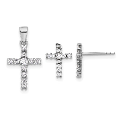 Sterling Silver Rhodium-plated CZ Cross Post Earrings and Pendant Set
